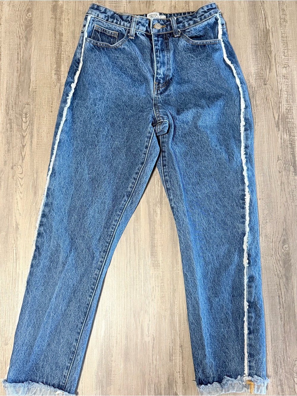 Princess Polly High Waisted Mom Jeans Blue Denim Frayed Side Stripe Raw Hem US 4